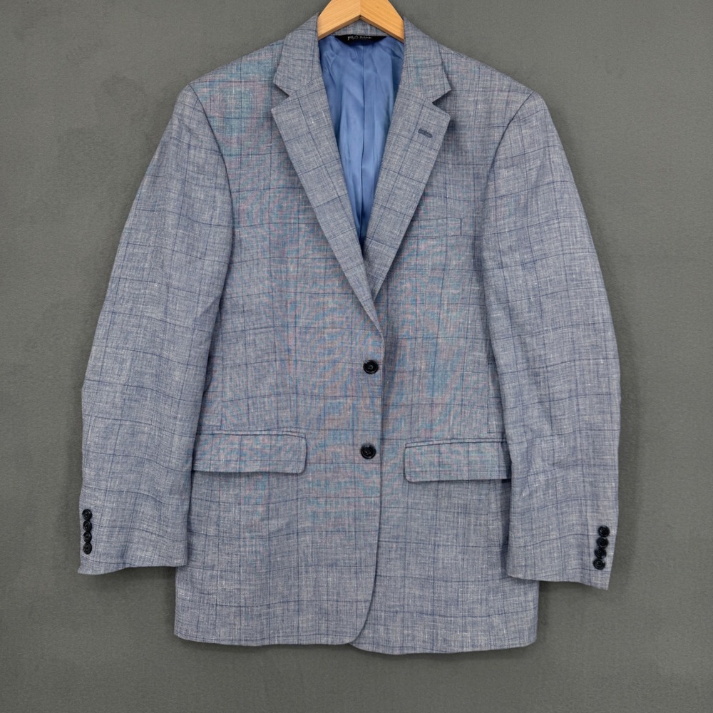 Jos. A. Bank Blazer Mens 40L Blue Wool Linen Silk Windowpane Sport Coat Preppy